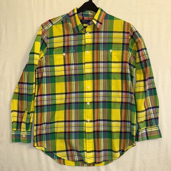 Polo Ralph Lauren Long Sleeve Oxford Cotton Shirt Mens Size XL Plaid EUC Yellow - Picture 1 of 9